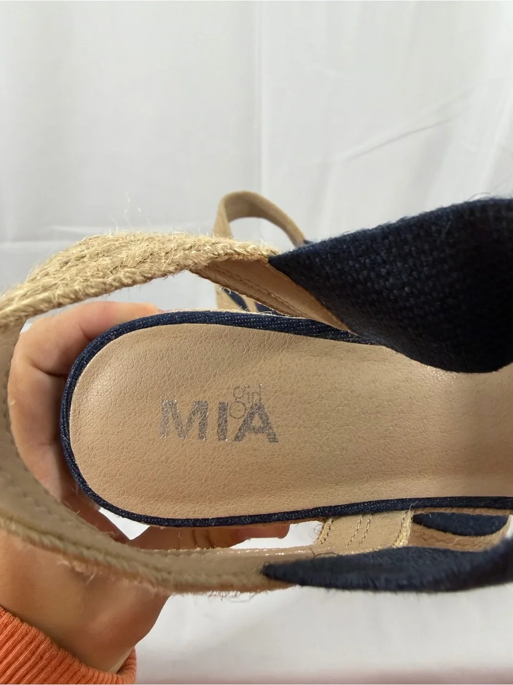 NWT MIA Women’s Size 8 Navy Wedge Denim Sandals with Espadrille Sole